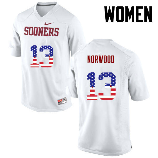 Women Oklahoma Sooners #13 Tre Norwood College Football USA Flag Fashion Jerseys-White - Click Image to Close